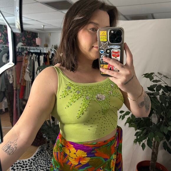 Y2K Cropped Sequined Tank Top Green - Picture 2 of 5